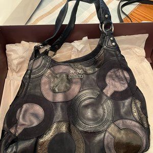 Coach Inlaid Op Art Gunmetal & Black Leather Shoulder Bag Gunmetal 14298